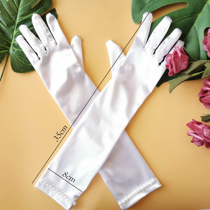 CREATIEE-PRO 2 Pair Little Girls Long Princess Costume Glove, Creatiee White Dress Up Beading Bows Glove for Kids Party, Wedding, Birthday, Holiday, Formal Pageant (White) - Image 4